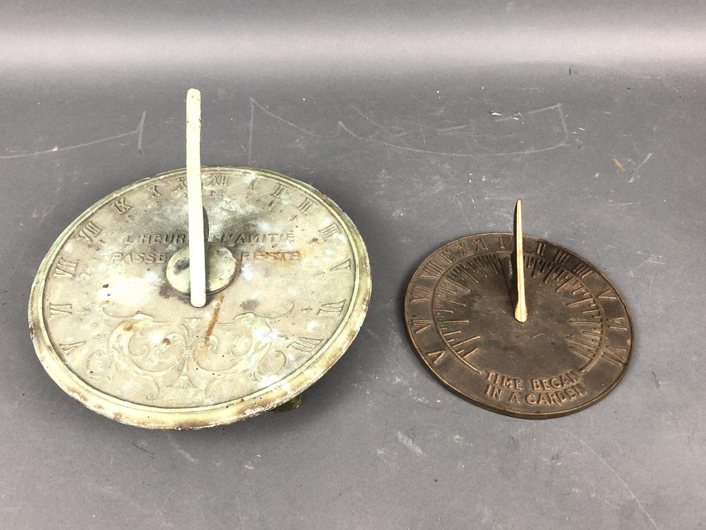 2 Bronze Sundials: Largest is 11" diam. Condition, old patina to one