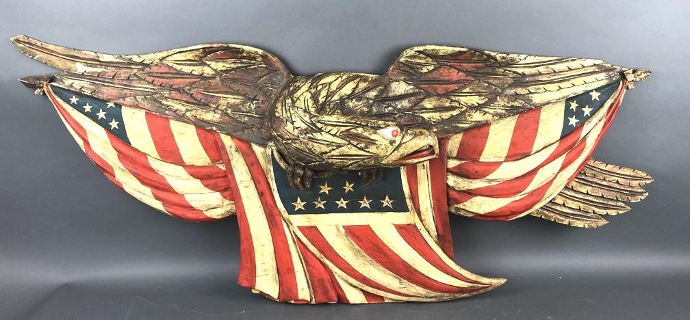 A Carved Wooden Painted Eagle and Flag (1 of 10)