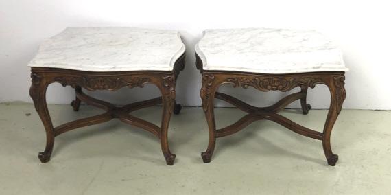 PR of Louis XV Style Walnut Marble Top Side Tables (1 of 4)