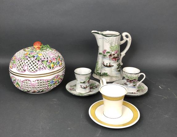 Herend Hvungary Pierced Lidded Container: Together with Nippon and Wedgwood saucers and cups. Plus a Nippon teapot Teapot is 7 3/4"h. Condition, teapot is missing the lid, some loss of paint