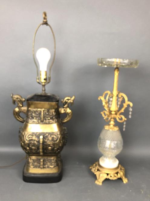 Crystal & Gold Gilt Metal Ashtray: Together with Asian style metal lamp Ashtray is 24 1/2"h. Condition, lamp untested, scratches and scuffs, wear to metal, missing crystals, crack in metal fitting on lamp