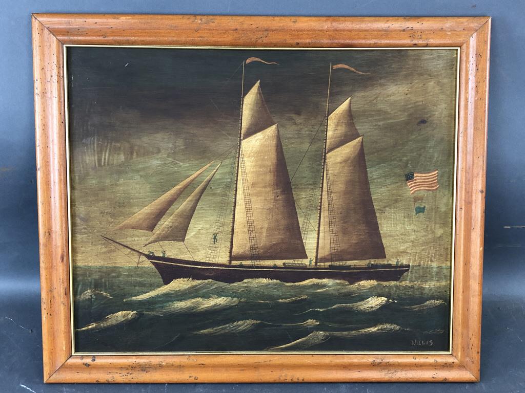 American Schooner: Oil on board. 20th Century, signed Willis. From the Estate of Michael Lang, co-creator of the Woodstock Festival. Sight is 16 1/4" x 20 1/2". Condition, scratches and scuffs to frame