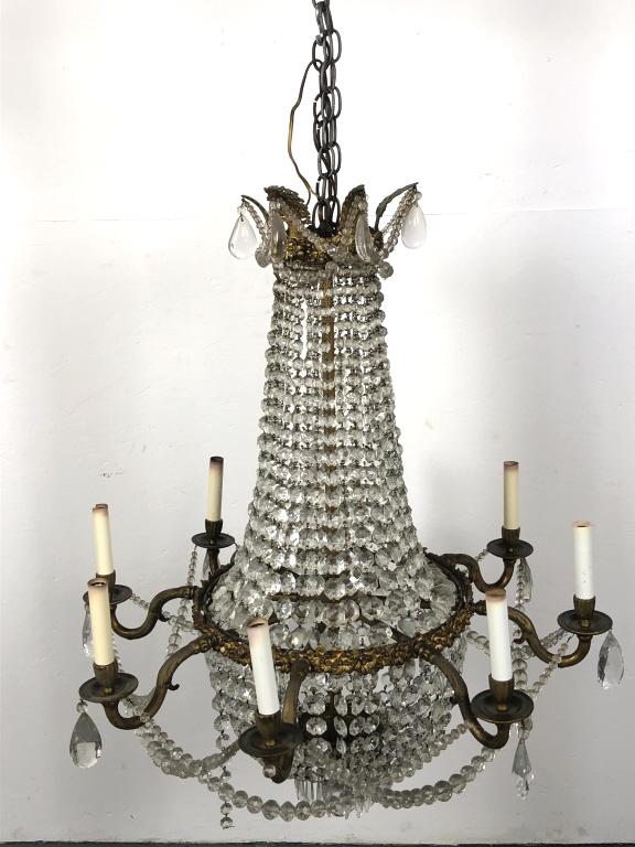 Gilt Metal 8 Light Chandelier: Gilt Metal 8 Light Chandelier 36"h x 30"diam. Condition, needs cleaning , untested, chipped crystal