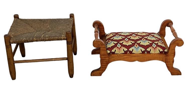 An Upholstered Stool and a Straw Stool: Tallest is 12"h x 14 1/4"w x 11"d. Condition, loss of straw, loose straw, some cracks, misshapen, The upholstered bench has some scratches and scuffs and old repair.