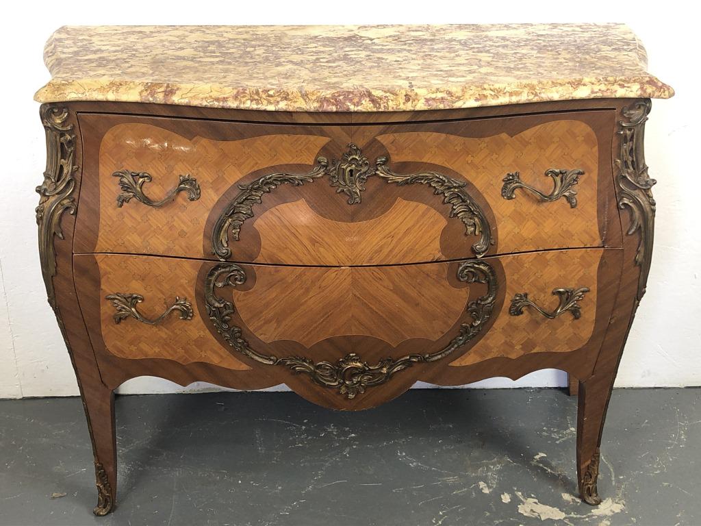 A Loius XV Style Marble Top Bombe Commode: 35 3/4"h x 47"w x 19 1/2"d Condition, some cracking to veneer, some chipped veneer