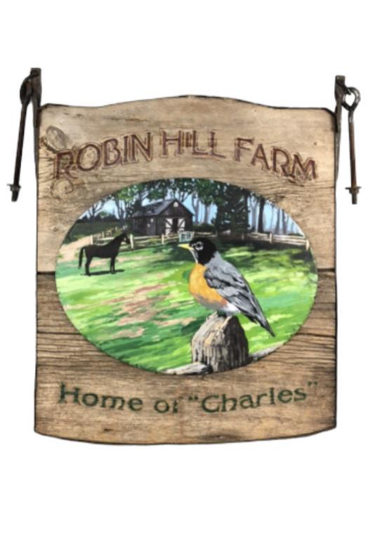 Robin Hill Farm - Wood, Metal & Painted Sign: Robin Hill Farm - Wood, Metal & Painted Sign. 2 sided sign with decals on back. 28 3/4"h x 25 1/4"w.. Condition, some rust to metal, scratches, scuffs, faded paint & cracks