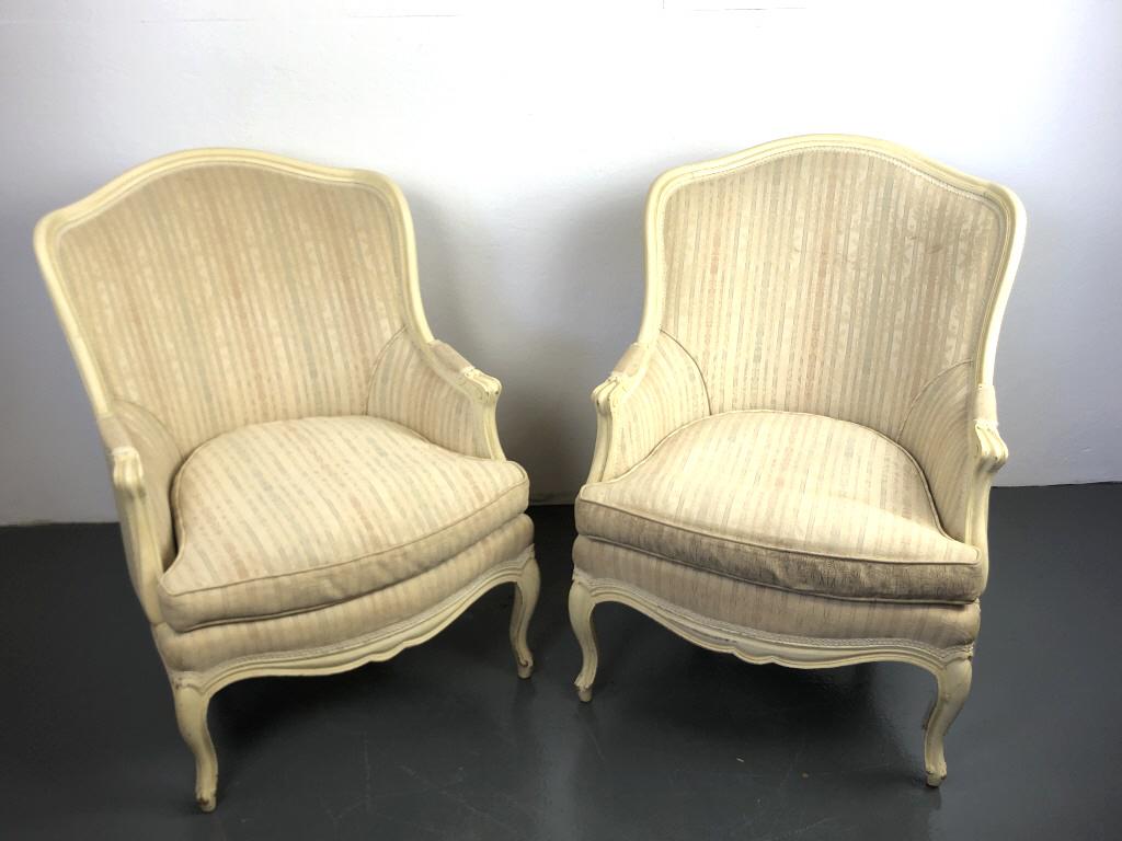 A Pair of Louis XV White Painted Bergeres.: A Pair of Louis XV White Painted Bergeres. 39 1/4"h x 28"w x 29"d. Condition, some stains to fabric, needs cleaning, some scratches and scuffs