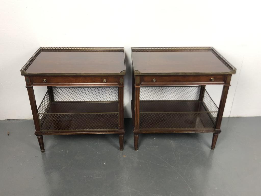 A Pair of Louis XVl Style Rosewood Side Tables: A Pair of Louis XVI Style Rosewood Side Tables with brass galley on lower and upper surfaces. 29 1/4"h x 28 1/4"w x 20 1/4"d. Condition, some scratches and scuffs.