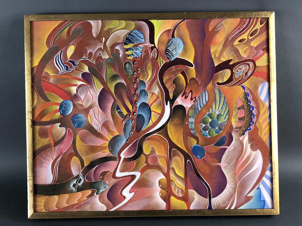 Psychedelic Oil on Canvas Laid on Board: Psychedelic Oil on Canvas Laid on Board. From the estate of Michael Lang - co-creator of the Woodstock Festival. Sight is 19" x 23 3/4" Condition, some scratches to frame