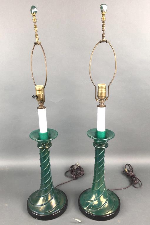 A Pair of Green Art Glass Lamps: A Pair of Green Art Glass Lamps Measures 22 1/2"h to socket, 7 3/4" diam. Condition, untested,