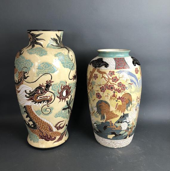 2 Asian Style Vases With Dragon & Bird Motif (1 of 16)