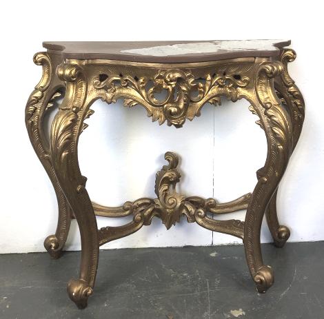 Marbletop Giltwood Console: Marbletop Giltwood Console. 37 1/2"h x 47"w x 17 3/4"d. Condition, marble top has been painted partially brown and has a gouge in the center, base has scratches, scuffs, chips,