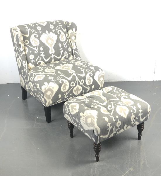 Contemporary Upholstered Armchair and Ottoman: Contemporary Upholstered Armchair and Ottoman. Chair is 38"h x 33"w x 34"d. Condition, light wear, pen mark to fabric
