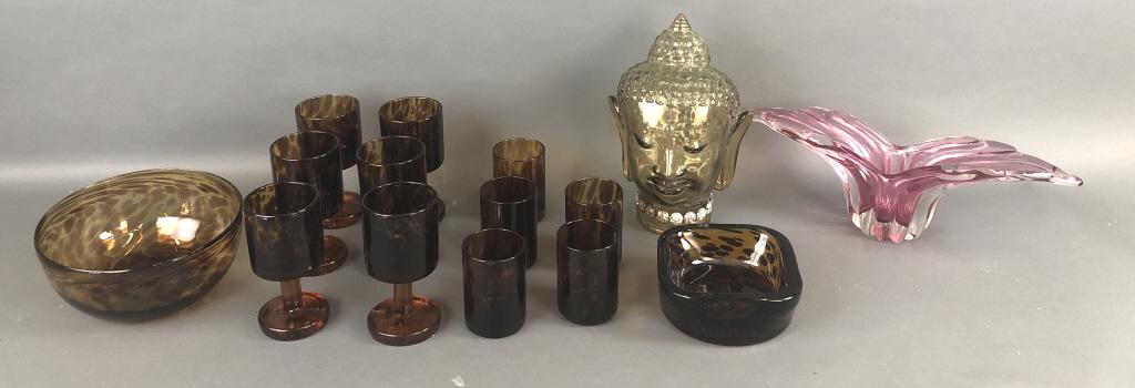 Group of Glass Tortoise Shell Pattern Glassware (1 of 6)