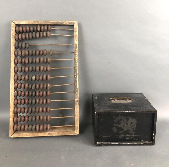 Abacus and Mah Jong Set: Abacus is 21" x 12" Mah Jong box is 6"h x 10"w x 7"d. Condition, overall wear, scratches, scuffs, and cracks.