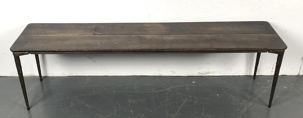 Oak and Iron Bench: Oak and Iron Bench. Manufactured by Square Roots. 17 1/2"h x 63"w x 14 3/4"d. Condition, some minor scratches.