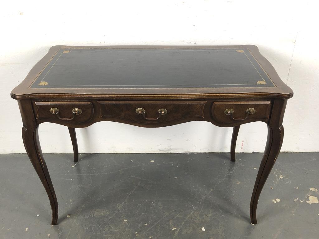 Louis XV Fruitwood & Leathertop Desk: Louis XV Fruitwood & Leathertop Desk. 29.5"h x 43.25" w x 23.5"d. Condition, some wear to finish, scratches and scuffs