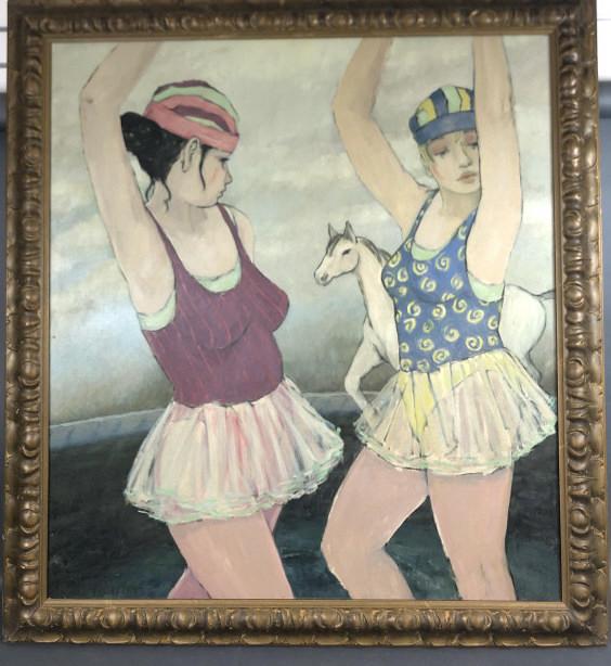 Joan Barber ( American, B. 1941): Joan Barber ( American, B. 1941) Oil on canvas. Two Dancers with Horse. Signed lower left. Sight is 43" x 39" Condition, some scratches and scuffs to frame