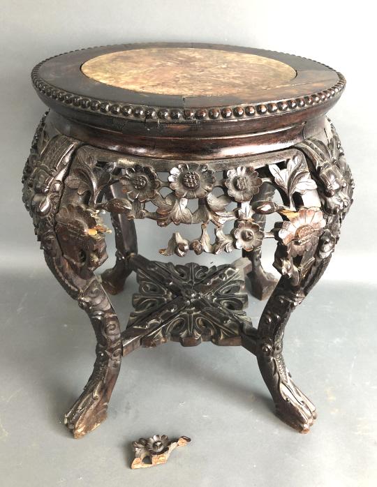 Asian Hardwood Stand: 19"h x 18" diameter. Condition, scratches, scuffs, chips, some loss of wood, cracks, one piece broken off, needs cleaning, loose joints, joints need re-gluing
