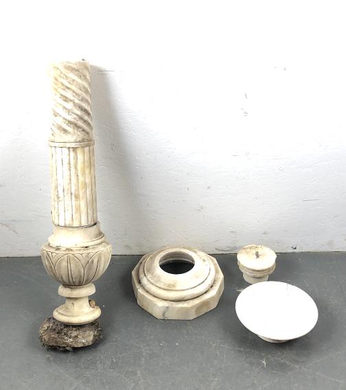 Alabaster Pedestal: Alabaster Pedestal. From the Estate of Michael Lang - Co-creator of the Woodstock Music Festival. 32"h x 45"h approx. Condition, as is, old repairs, needs new metal center shaft, chips, cracks