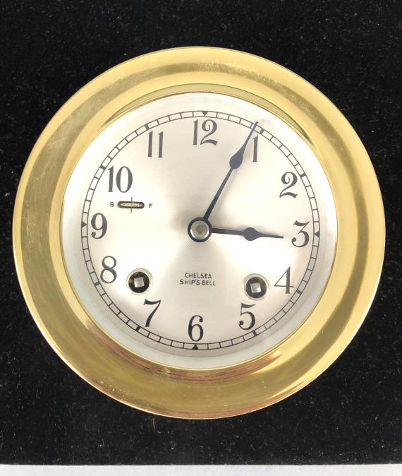 Chelsea Ship's Bell Clock: Chelsea Ship's Bell Clock. Serial Number: 606723 4 3/4" diam x 3 1/4"d. Condition, untested, light scratches