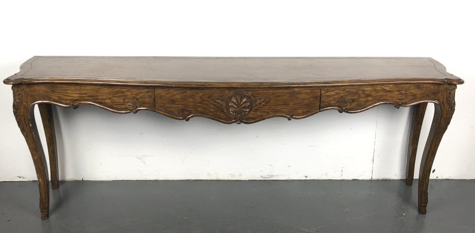French Provincial 1 Drawer Console: French Provincial 1 Drawer Console. 33 1/4"h x 97 1/2"w x 21 1/2"d. Condition, some scratches and scuffs , wear to finish