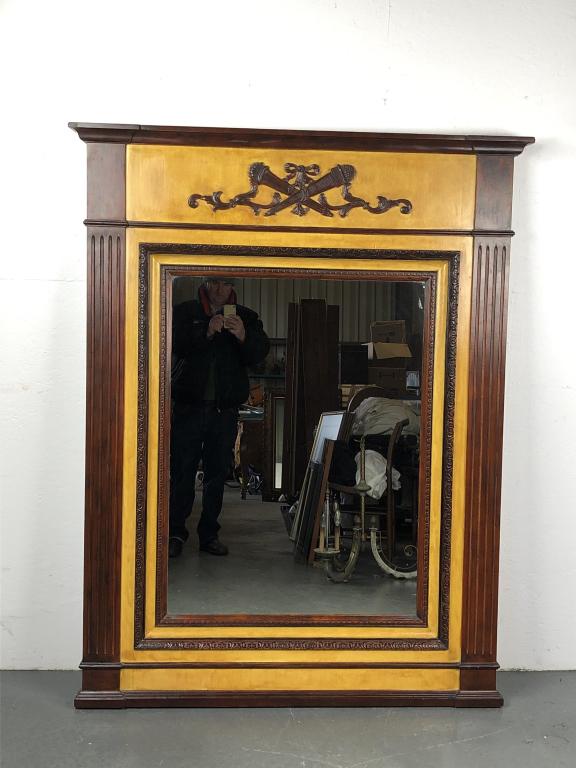 Neoclassical Style Stained & Blond Wood Mirror: Neoclassical Style Stained & Blond Wood Mirror. 66"h x 52"w. Condition, some minor scratches and scuffs