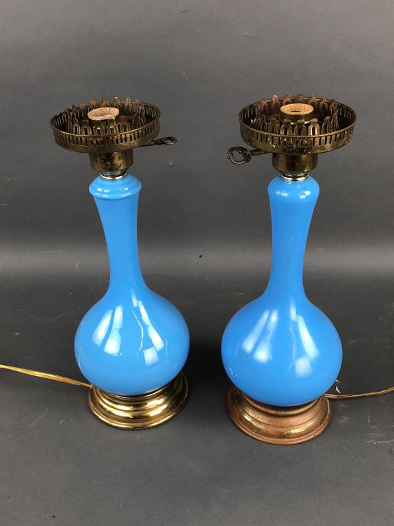 Pair of Blue Glass Lamps: Pair of Blue Glass Lamps. 15"h. Condition, needs cleaning, untested