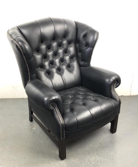 Leather Buttonback Wingback Chair: Leather Buttonback Wingback Chair . 42"h x 35"w x 34"d. Condition, some paint residue, scratches and scuffs