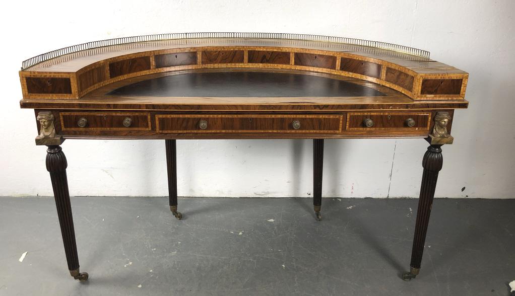 Carlton House Style Desk: 36 3/4"h x 60 1/2"w x 45"d. Condition, some loss of veneer,peeling veneer, piece of galley missing, sunfaded on back , scratches and scuffs, some drawers are hard to open