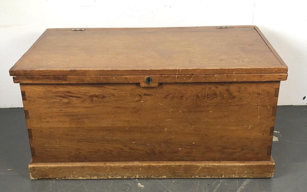 Large Wood Trunk: Large Wood Trunk . 26"h x 53"w x2 6 1/2"d. Condition, overall wear, scratches and scuffs, some wear to finish, some stains