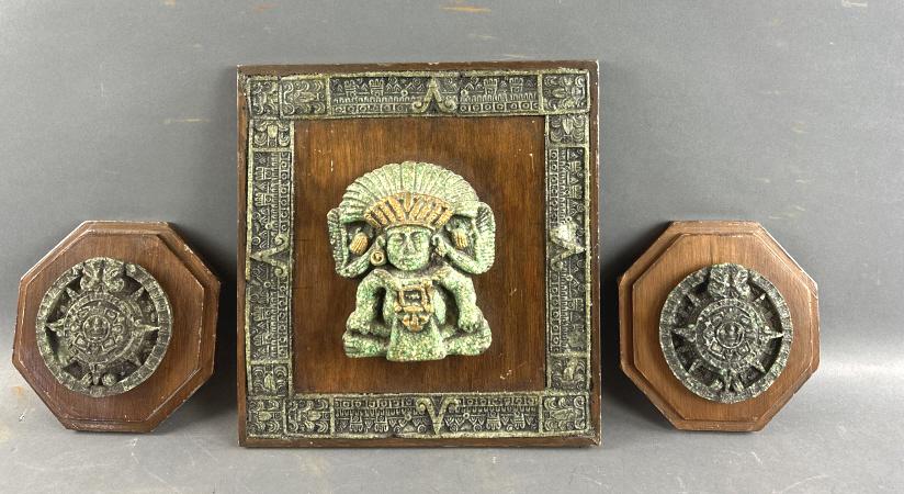 3 Mayan / Aztec Zarebski Style Art Pieces: 3 Mayan / Aztec Zarebski Style Art Pieces. Largest is 11 1/4" x 10 3/4" Condition, scratches, scuffs and chips