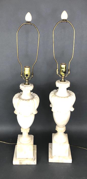 Set of Alabaster Lamps: Set of Alabaster Lamps. Height to light socket is 23 1/2"h. Condition, some minor chips and stains, untested, they do not match exactly