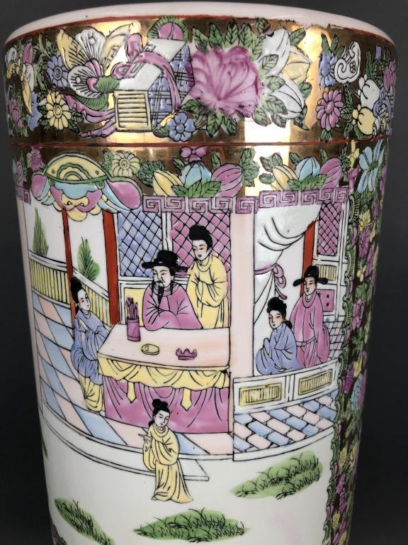 Asian Porcelain Umbrella Stand.: Asian Porcelain Umbrella Stand. 24"h x 9 1/4" diameter. Condition, some rubbed gilt, some firing flaws