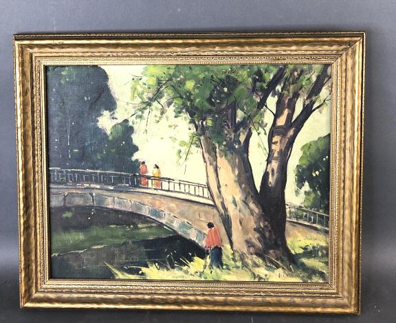 Walking over the Bridge in the Park: OIl on board, signed (LR) maybe Kleinman Sight is 17 1/2" x 13 1/2" Condition, scratches and scuffs to frame