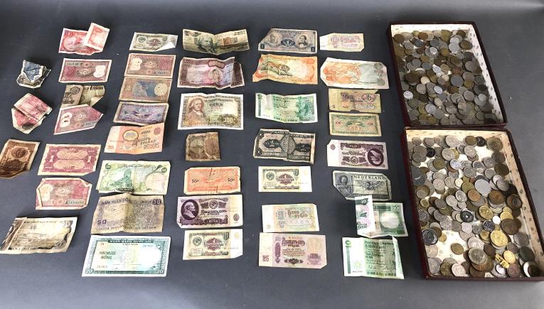 Group of Paper Currency: Group of Paper Currency. Together with coins and tokens Condition, as is