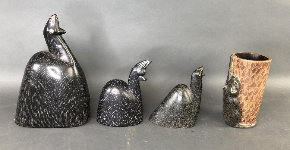 Group of Soapstone Carvings: Group of Soapstone Carvings . Including 3 Birds , and cat climbing up cup Tallest is 10 3/4" Condition, needs cleaning, some scratches