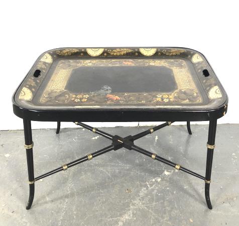 19th C. Metal Tole Tray on Painted Wooden Stand (1 of 6)