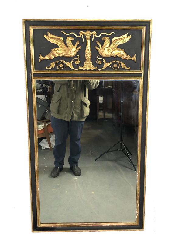 Italian Ebonized & Gilt Trumeau Mirror: Italian Neoclassical Ebonized & Gilt Trumeau Mirror. 49 3/4"h x 27 1/2"w. Condition - some scratches and scuffs to frame