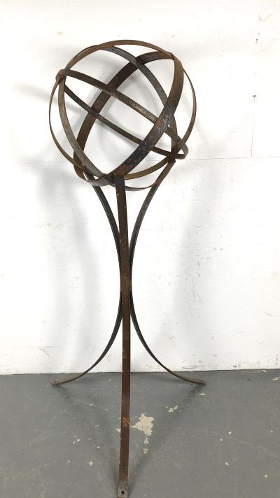 Wrought Iron Globe on Stand: Wrought Iron Globe on Stand. 69"h x 34"w x 29"d. Condition - some surface rust