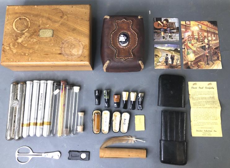 Walnut Decatur Humidor Box & Leather Box: Walnut Decatur Humidor Box & Leather Box . Together with cigar cutters, flasks and tips. etc. Leather box has stone on top. Humidor is 3 1/2"h x 11"w x 8"d. Condition - scratches, scuffs and stains to