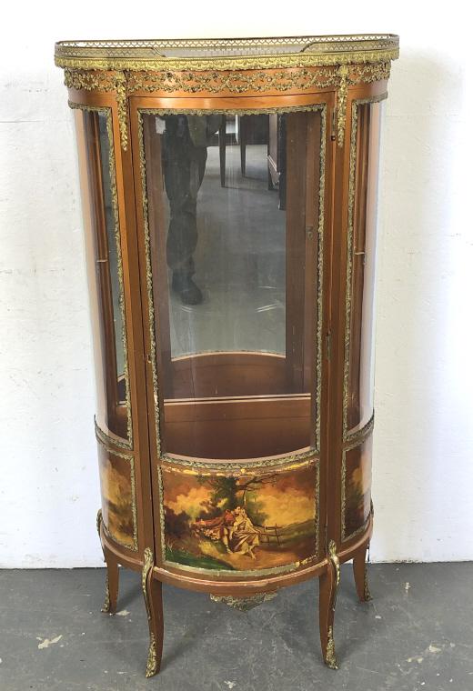 Louis XV Style Bernie Martin Curio Cabinet: Louis XV Style Bernie Martin Curio Cabinet. 55 1/2"h x 27"w x 13 1/4"d. Condition - some loss of brass molding, some replaced brass molding, scratches and scuffs, missing glass shelves