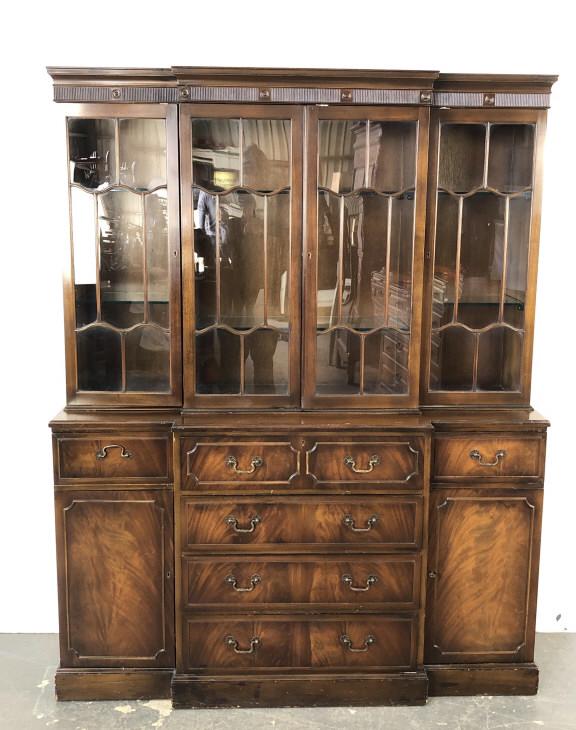 Georgian Style Mahogany Breakfront: Manufactured by Frederick Tibbenham, UK. 77"h x 61"d x 18"d Condition - some scratches and scuffs