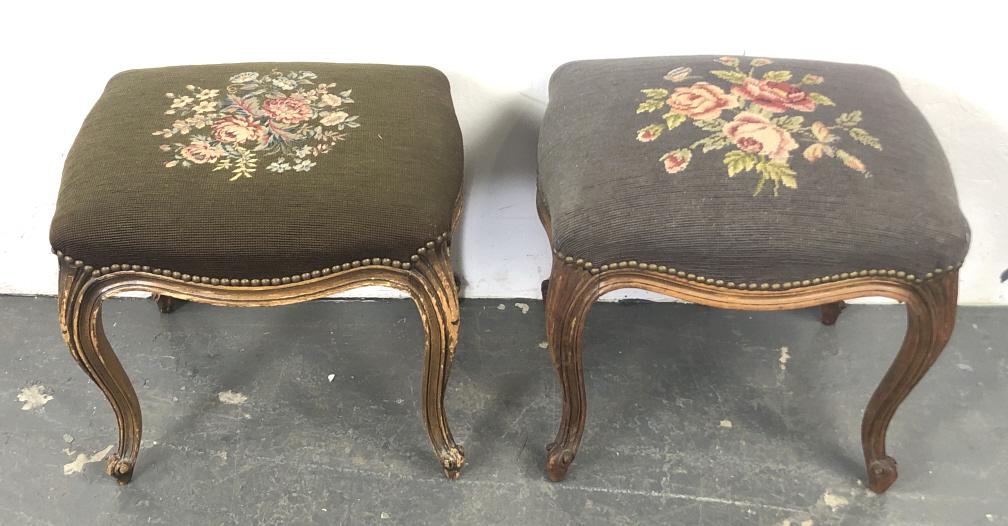 Two Louis XVI Style Benches: Two Louis XVI Style Benches. Larger is 18"h x 19"wx 15"d. Condition - some wear to finish, fabric needs cleaning, some scratches and scuffs