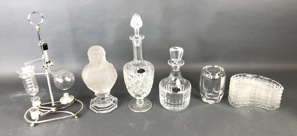Group of Crystal: Including Bacarrat, St Louis, Val St. Lambert. Together with Grappa distiller. Tallest is 16"h. Condition - some worn plate to grappa
