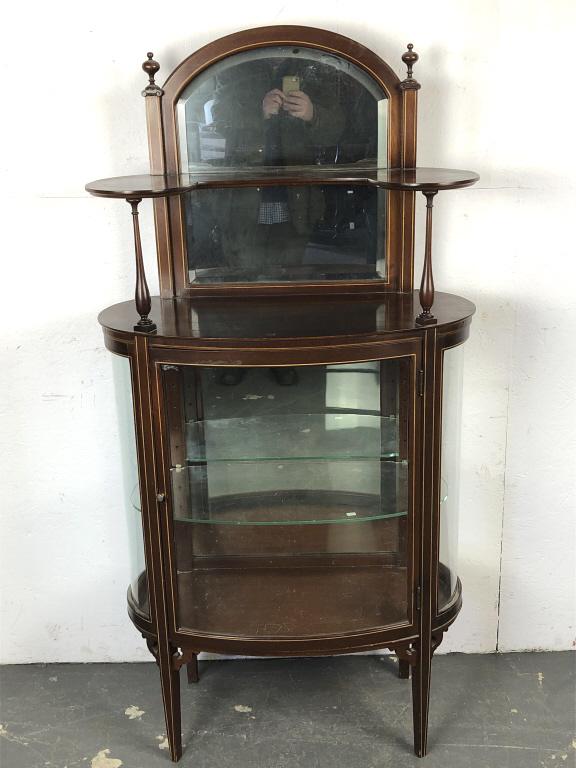 Eduardian Mahogany Curio Cabinet: Eduardian Mahogany Curio Cabinet. With mirror backing. 62"h x 31"w x 15"d. Condition - some scratches and scuffs, some chips to wood