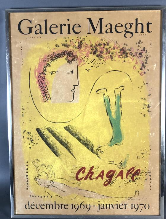 Marc Chagall Galerie Maeght 1969-1970: Marc Chagall Galerie Maeght 1969-1970. Overall 31 1/2" x 23 1/4" Condition - some scratches and scuffs to frame, some sunfading