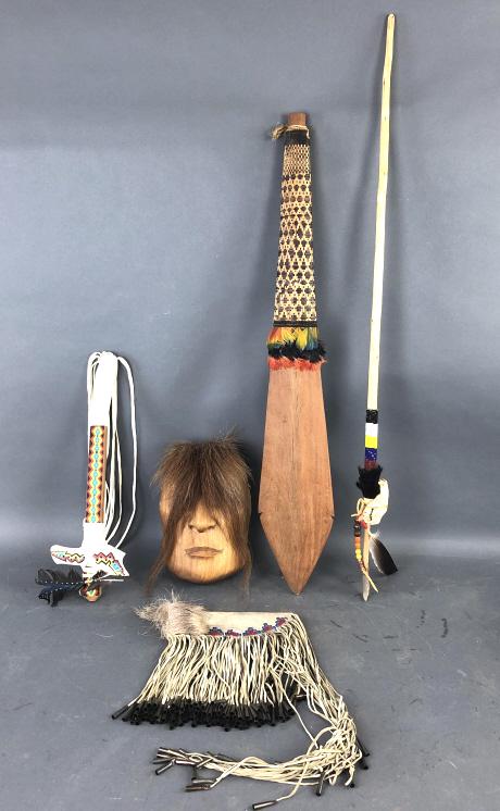 Native American Mask by Paul Hornbuckle: Native American Mask by Paul Hornbuckle. Together with a leather sheath, a prayer stick, a beaded arrowhead spear with skull, etc. The spear is 37" long. Condition - some scratches and scuffs, sheath