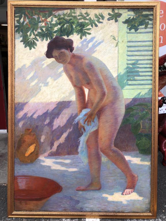Andre Felix Roberty (French 1877-1963): Andre Felix Roberty (French 1877-1963) Signed LR, dated 1911 Nude girl with towel. Overall size is 80 1/2" x 56". Condition - some craquelure, re-lined
