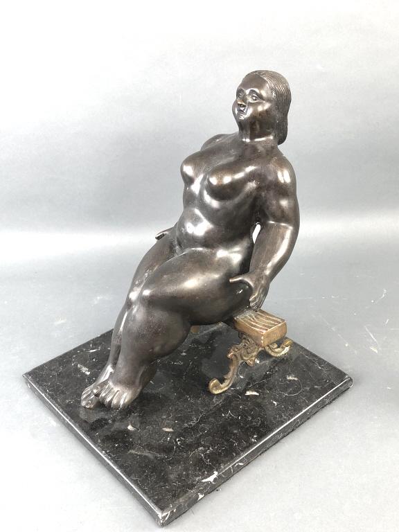 Botero Style Bronze of  Lady Sitting on Bench. (1 of 5)